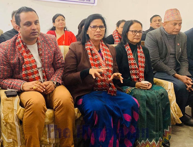 Land Management, Cooperative and Poverty Alleviation Minister Padma Aryal (second from left) at a press meet, in Lamjung, on Tuesday, December 17, 2019. Photo: THT