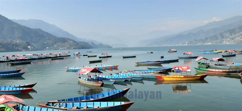 Empty boats are pictured on Phewa Lake, in Barahighat, Pokhara Metropolitan City-6, on Saturday, December 21, 2019. Photo: Rup Narayan Dhakal/THT