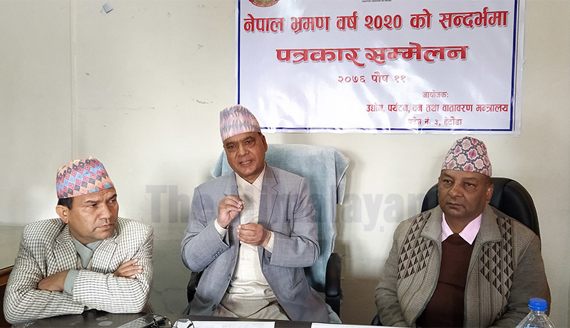 Province 3 Minister for Trade, Tourism, Forests and Environment, Arun Nepal, addresses mediapersons during a press meet organised to discuss Visit Nepal Year-2020, in Hetauda, Makawanpur, on Friday, December 27, 2019. Photo: Prakash Dahal/THT