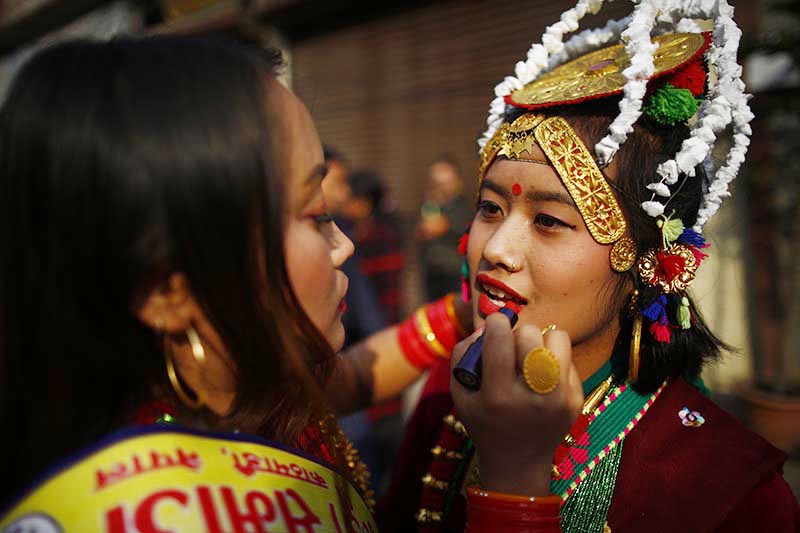 A woman from the Gurung community is seen dressed in a traditional attire to celebrate Tamu Lhosar festival marking their new year in Kathmandu, on Tuesday, December 31, 2019. Photo: Skanda Gautam/THT