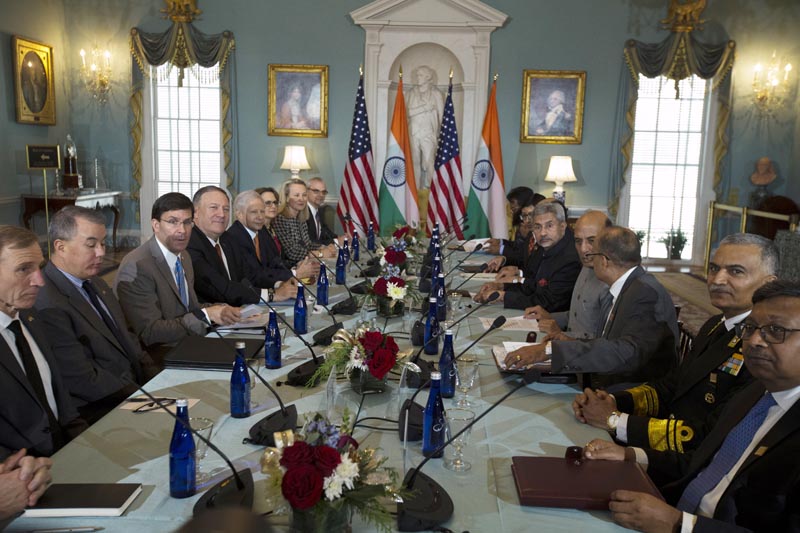 Secretary of State Mike Pompeo and Secretary of Defense Mark Esper, centre left,  host Indian External Affairs Minister Dr S Jaishankar and Defense Minister Shri Rajnath Singh, centre right, during a bilateral meeting at the Department of State in Washington, Wednesday, December 18, 2019. Photo: AP