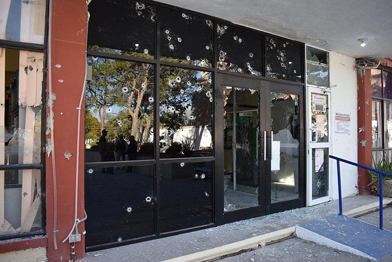 A view of the bullet-riddled facade of the town hall of Villa Union after clashes sparked by suspected cartel gunmen in a northern Mexican town killed 20 people this weekend in Villa Union, in Coahuila state, Mexico December 1, 2019. Photo: Reuters