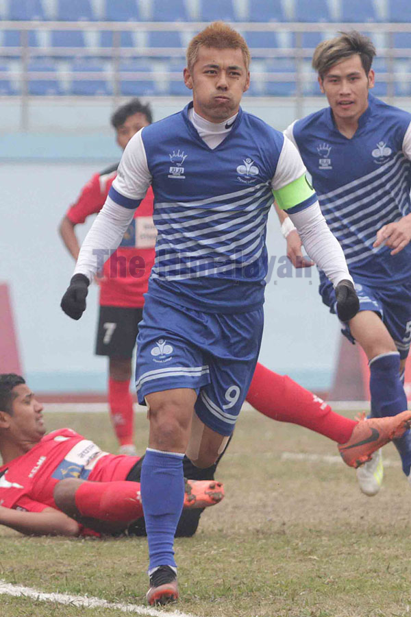 Chyasal Youth Club skipper Santosh Sahukhala celebrates after scoring a goal against NPC during their Qatar Airways Martyrs Memorial A Division League match in Kathmandu on Wednesday. Photo: Udipt Singh Chhetry/THT