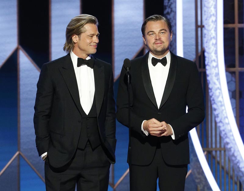 This image released by NBC shows presenters Brad Pitt, left, and Leonardo DiCaprio at the 77th Annual Golden Globe Awards at the Beverly Hilton Hotel in Beverly Hills, California, on Sunday, January 5, 2020. Photo: AP