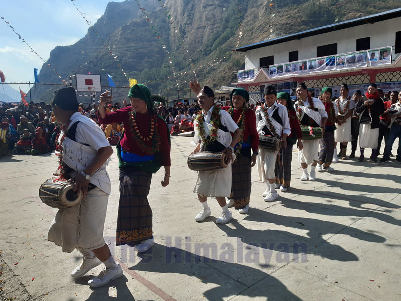 Local artists performing dances during Annapurna Tourism Festival in Narchyang, Annapurna Rural Municipality-4, Myagdi, on Friday, January 31, 2020. Photo: Rup Narayan Dhakal/THT