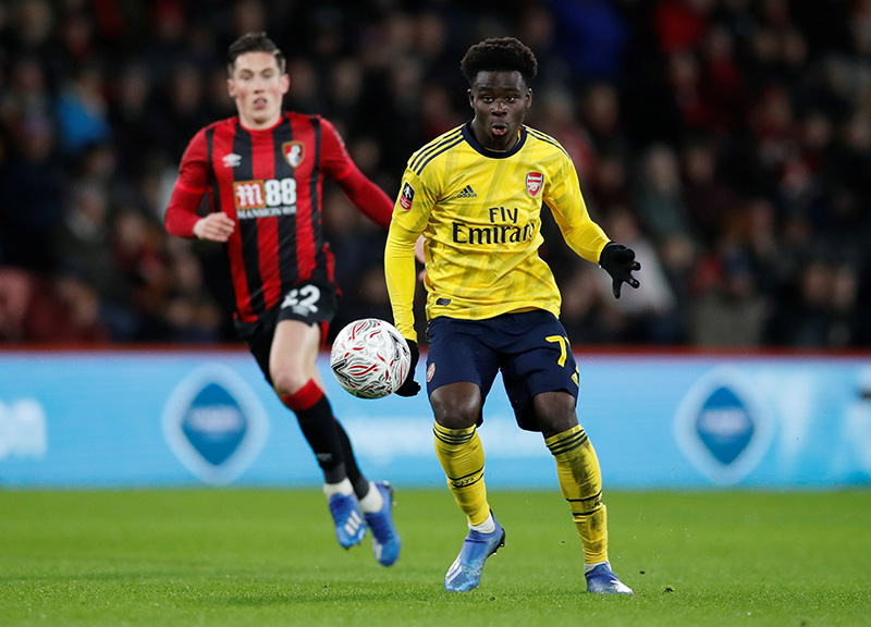 Arsenal's Bukayo Saka in action during the FA Cup Fourth Round match between AFC Bournemouth and Arsenal, at Vitality Stadium, in Bournemouth, Britain, on January 27, 2020. Photo: Reuters