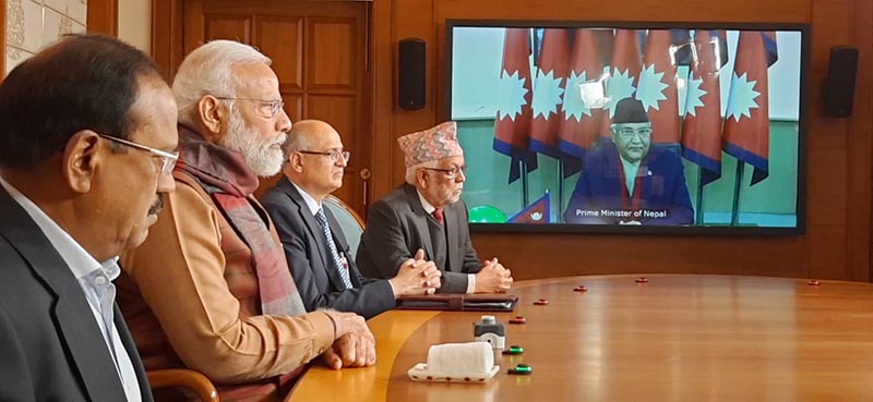 Prime Minister KP Sharma Oli and Indian PM Narendra Modi taking part in a video conference on Tuesday, January 21, 2020. Photo courtesy: PMO, India