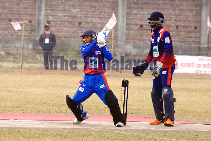 Province 2 batsman Bishal Sushling plays a shot as opposition wicket-keeper looks on during Group B match of the ongoing Manmohan Memorial National Cricket Tournament in Inarwa, on Friday, January 10, 2020. Photo: Santosh Kafle/THT