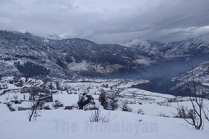A view after snowfall at Budhinanda Municipality, in Bajura, on Thursday, January 9, 2020. Westerly winds from Bay of Bengal have affected weather across the country. Prakash Singh/THT