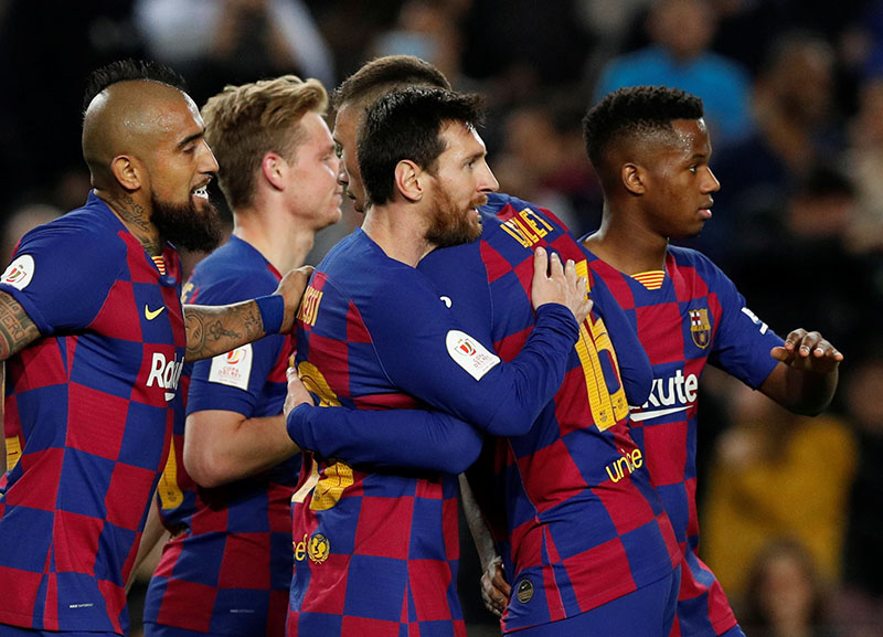 Barcelona's Lionel Messi celebrates scoring their third goal with teammates during the Copa del Rey Round of 16 match between FC Barcelona and Leganes, at Camp Nou, in Barcelona, Spain, on January 30, 2020. Photo: Reuters