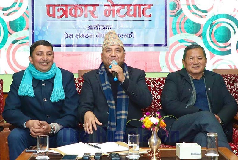 Deputy Prime Minister and Minister of Defence Ishwor Pokhrel speaking at a press meet, in Pokhara, on Thursday, January 9, 2020. Photo: THT