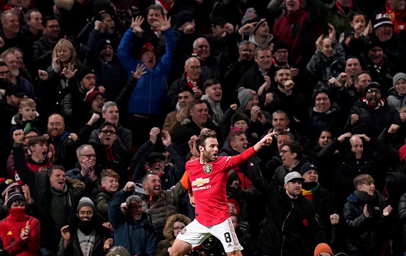 Manchester United's Juan Mata celebrates scoring their first goal during the FA Cup Third Round Replay  match between Manchester United and Wolverhampton Wanderers, at Old Trafford, in Manchester, Britain, on January 15, 2020. Photo: Reuters