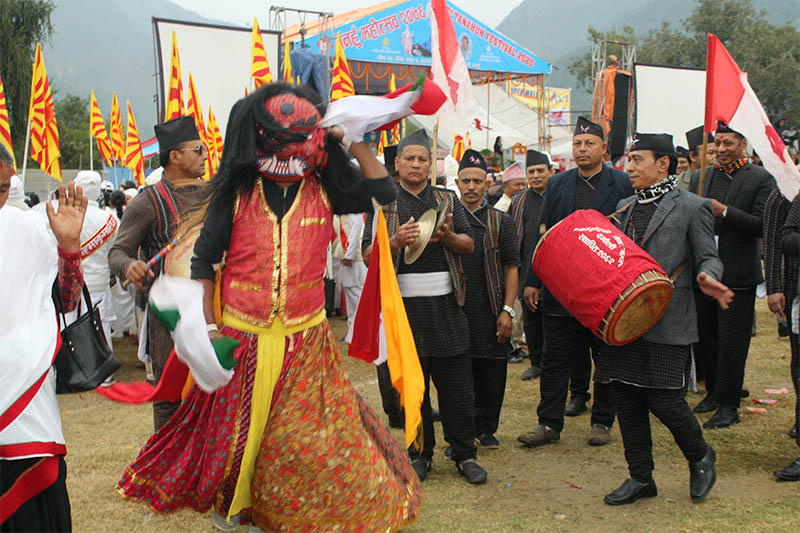 Locals perform Lakhe Dance during the 7th Tanahun festival organised by Tanahun Chambers of Commerce and Industry, in Damauli, on Thursday, January 09, 2020. Photo: Madan Wagle/THT