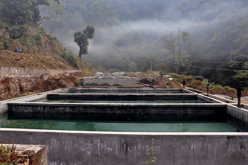 The water tanks for the collection of drinking water that is drawn from Bhachok River, in Chandidanda, Lamjung, as pictured on Tuesday, January 21, 2020. Photo: Ramji Rana/ THT