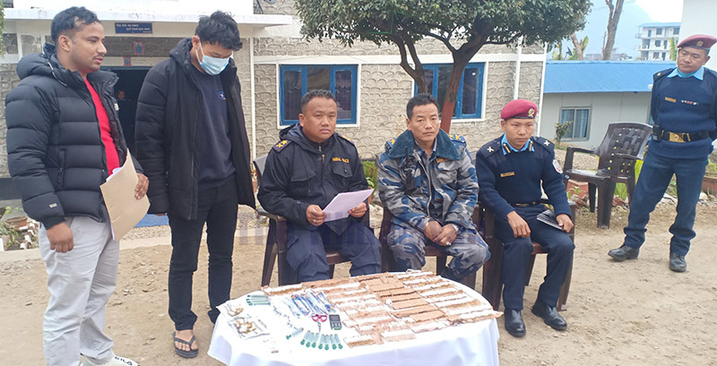 A person arrested for possessing illegal pharmaceutical drugs being made public in Lamjung, on Monday, January 27, 2019. Photo: Ramji Rana/THT