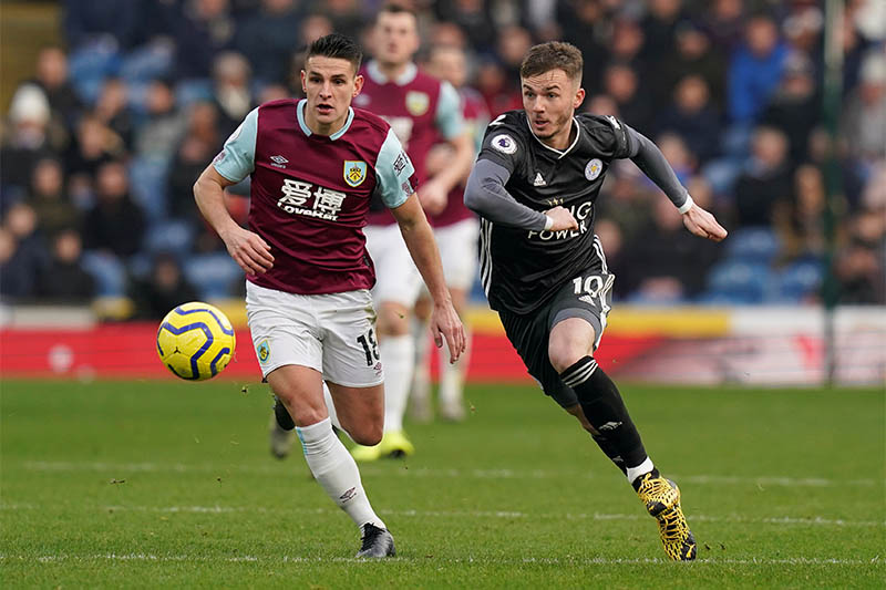 Leicester City's James Maddison in action with Burnley's Ashley Westwood. Photo: Reuters