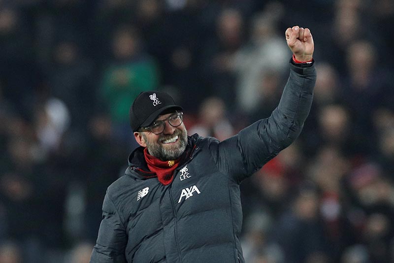 Liverpool manager Juergen Klopp celebrates at the end of the match during the Premier League match between Liverpool and Manchester United, at Anfield, in Liverpool, Britain,  on January 19, 2020. Photo: Reuters