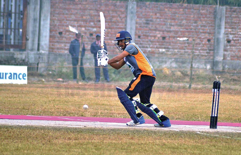 APFu2019s Sumit Maharjan plays a shot against MMCC Inaruwa during their Manmohan Memorial National One- Day Cricket Tournament match in Sunsari on Monday. Photo: THT