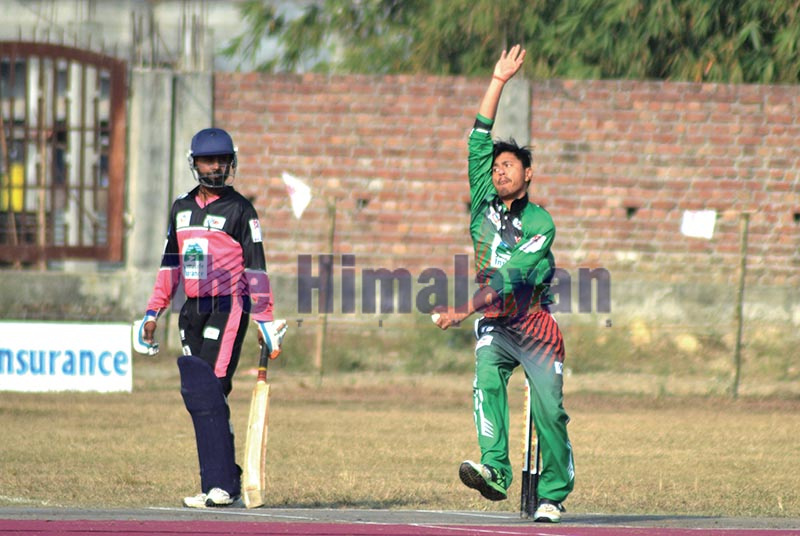 TACu2019s Sushan Bhari bowls against MMCC Inaruwa during their Manmohan Memorial National One-Day Cricket Tournament match in Sunsari on Tuesday. Photo: THT
