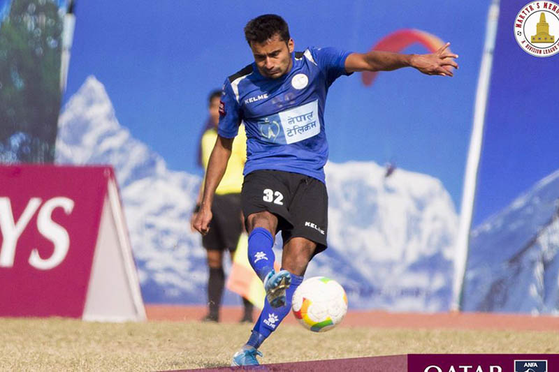 NRT player in action during Qatar Airways Martyr's Memorial 'A' Division League in Kathmandu, on Sunday, January 19, 2020. Courtesy: ANFA/Facebook