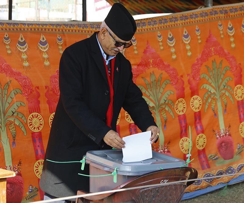 Bagmati Province Chief Minister Dormani Poudel casts the first vote during National Assembly elections being held in the polling centre at Jawalakhel, Lalitpur Metropolitan City, on Thursday, January 23, 2020. Photo: RSS