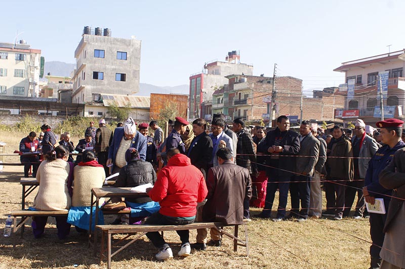 Provincial assembly members, chairpersons and deputy chairpersons from 12 districts of Province 5 queuing up to cast vote in National Assembly elections being held in Ghorahi, Dang, on Thursday, January 23, 2020. Photo: RSS