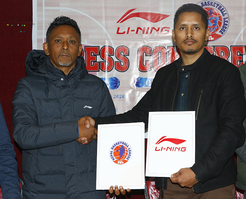 Chairperson of NBL Pvt Ltd Namit Bahadur Thapa (left) and Li-Ning Nepal Country Head Rajen Maharjan (right) after signing the agreement on the sponsorship of Nepal Basketball League (NBL) 3x3 West, in Kathmandu, on Friday, January 10, 2019. Photo Courtesy: Nepal Basketball League