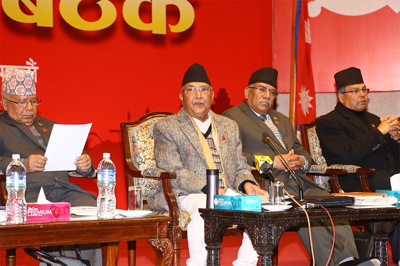 Nepal Communist Party (NCP) Co-chairpersons Prime Minister KP Sharma Oli and Pushpa Kamal Dahal, among other party leaders, participate in the party's second plenary central committee meeting, at Rastriya Sabha Griha, Exhibition Road, in Kathmandu, on Wednesday, January 29, 2020. Photo: RSS