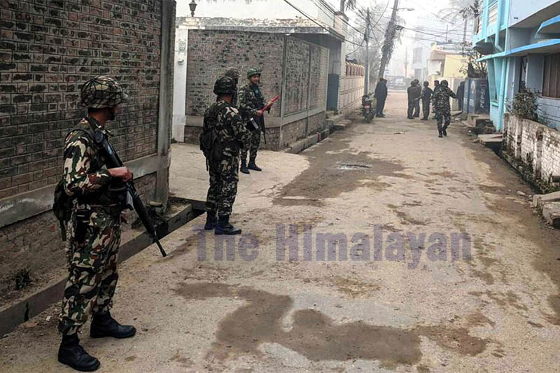 Nepal Army personnel cordon off the area as they prepare to defuse bomb in Birgunj, on Monday, January 27, 2020. Photo: Ram Sarraf/THT