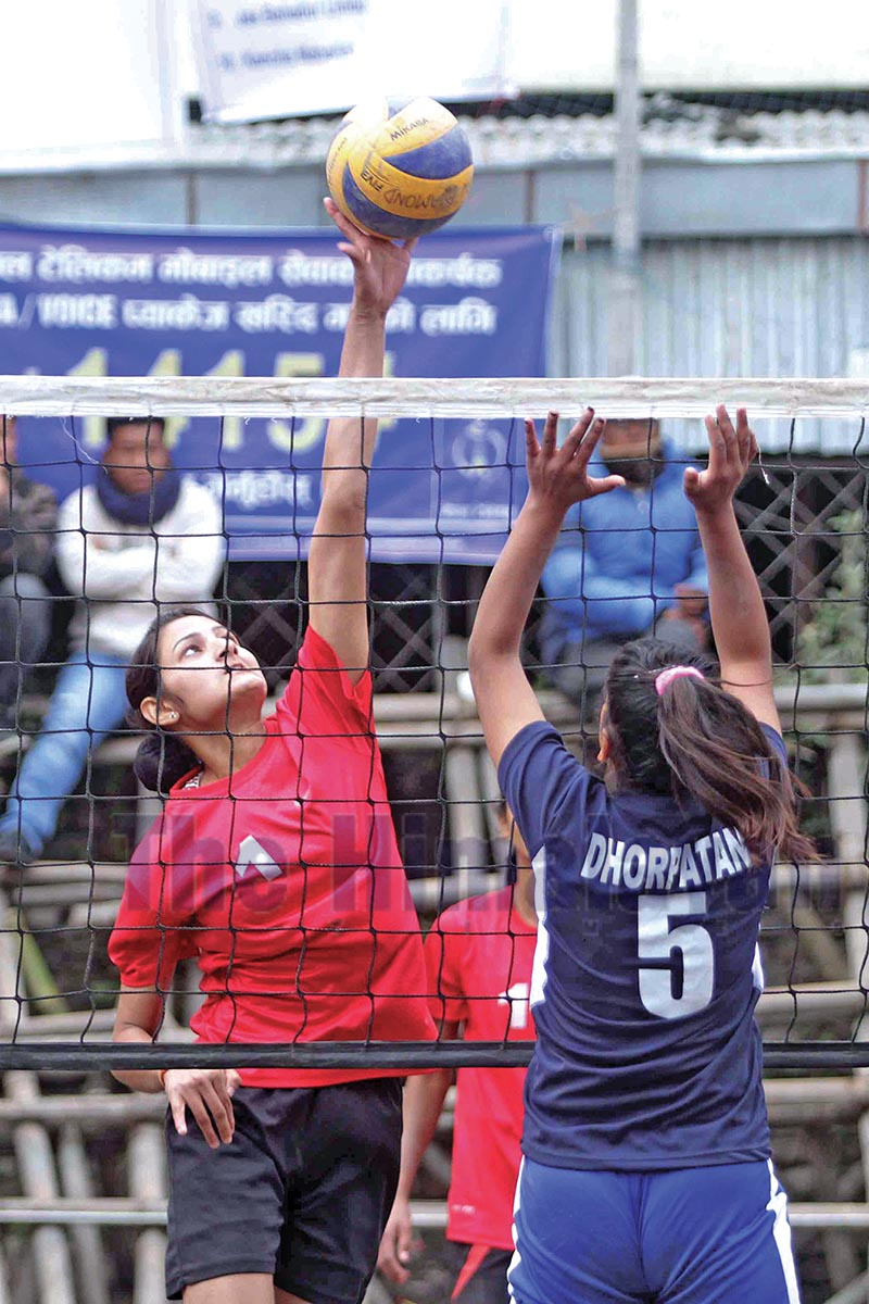 NPC’s Basanti Khatri jumps for a spike against Dhorpatan Sports Club during their third Hongwangji New Diamond Open National Women’s Volleyball Tournament match in Kathmandu on Thursday. Photo: THT