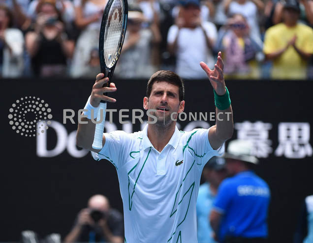 Novak Djokovic (SRB) during hs fourth round match at the 2020 Australian Open at Melbourne Park in Melbourne, on January 26, 2020. Photo: Reuters