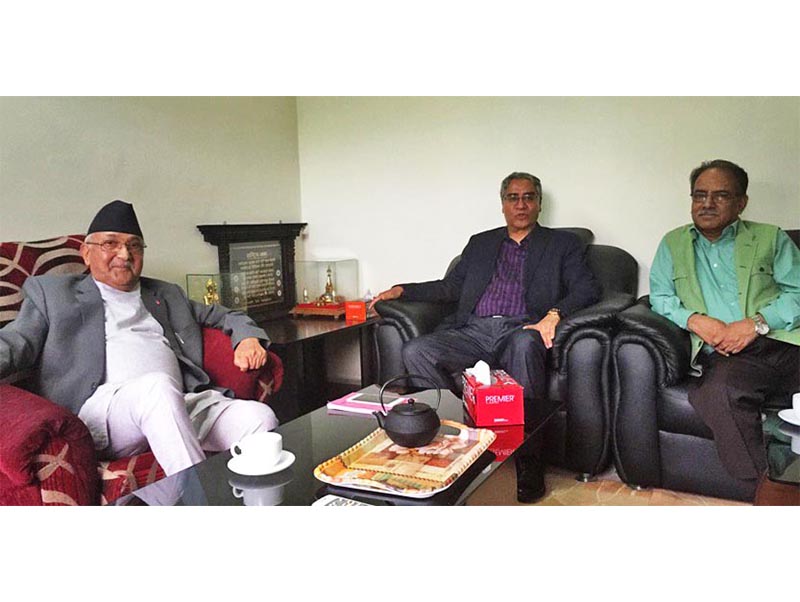 Prime Minister Oli, Nepali Congress President Deuba and Maoist Chairman Dahal at Baluwatar. Photo: Bishnu Rimal