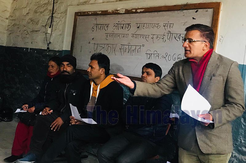 Part-time teachers of Prithivi Narayan Campus putting forth their concerns at a press meet inside the campus, in Pokhara, on Sunday. Photo: THT