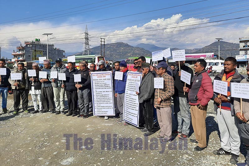 Protesters holding a silent demonstration at the entrance of the under-construction Pokhara Regional nInternational Airport, Pokhara, on Thursday, January 23, 2020. Photo: THT