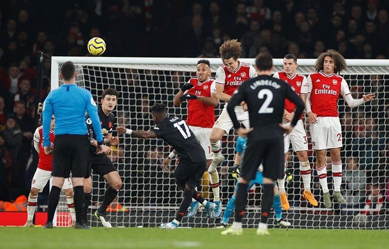 Manchester United's Fred shoots from a free kick during the Premier League match between Arsenal and Manchester United, at Emirates Stadium, in London, Britain, on January 1, 2020. Photo: Action Images via Reuters