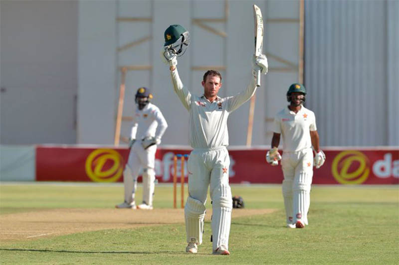 Zimbabwe's batsman Sean Williams celebrate after scoring a ton against Sri Lanka. Courtesy: Twitter/ICC
