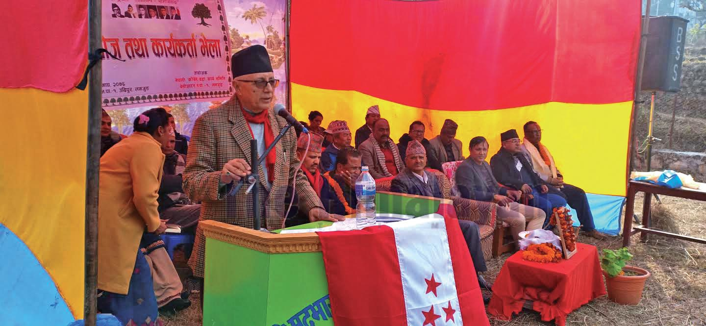 Nepali Congress central member Sekhar Koirala addressing a programme, in Besisahar, Lamjung, on Saturday. Photo: THT