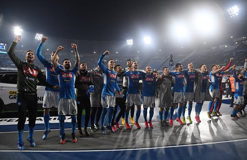 Napoli's Lorenzo Insigne celebrates after the match with teammates during the Serie A match between Napoli and Juventus, at Stadio San Paolo, in Naples, Italy, on January 26, 2020. Photo: Reuters