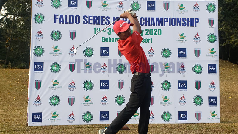 Subash Tamang plays a shot during the first round of the Faldo Series Nepal Championship at the Gokarna Golf Club in Kathmandu on Wednesday.
