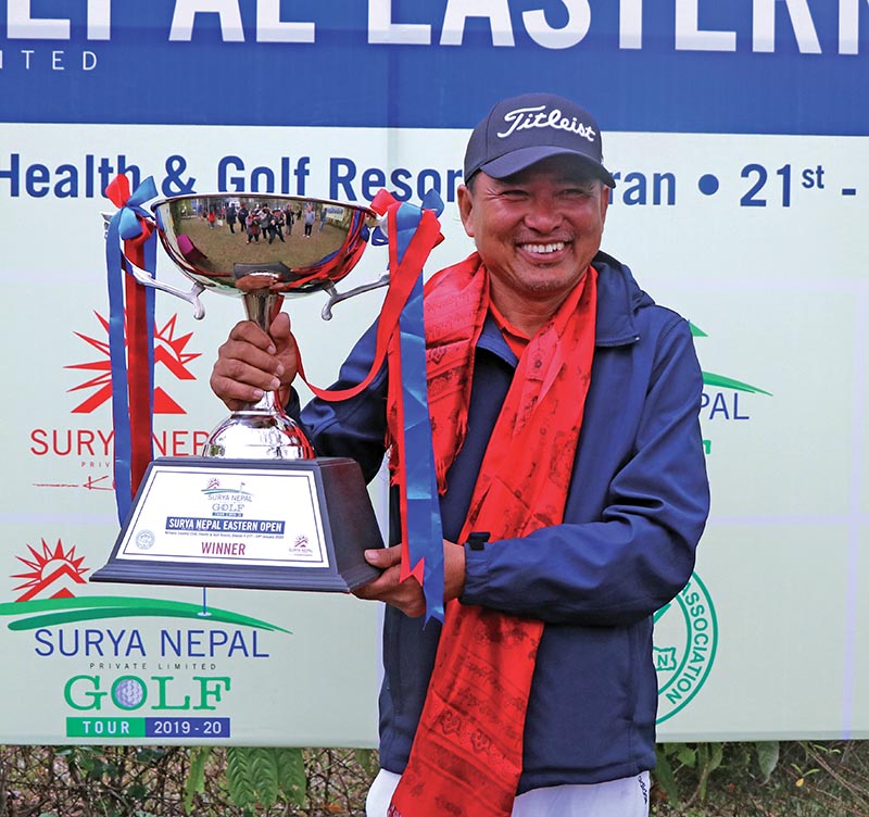 Bal Bhadra Rai celebrates after winning the Surya Nepal Eastern Open title at the Nirvana Country Club Health and Golf Resort in Dharan on Thursday. Photo: Santosh Kafle / THT