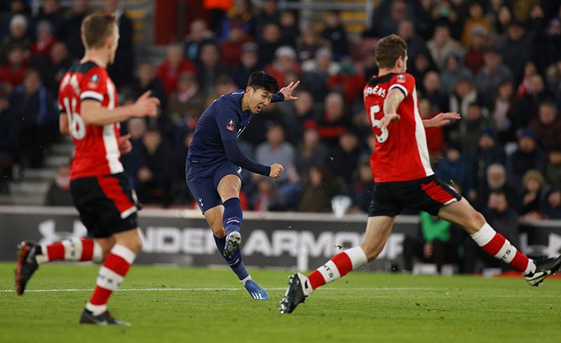 Tottenham Hotspur's Son Heung-min scores their first goal during the FA Cup Fourth Round match between Southampton and Tottenham Hotspur, at St Mary's Stadium, in Southampton, Britain, on January 25, 2020. Photo: Action Images via Reuters/John Sibley