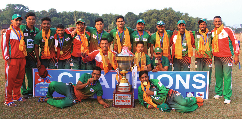 Tribhuvan Army Club team members celebrate after winning the Manmoham Memorial Cup in Sunsari on Saturday. Photo: THT
