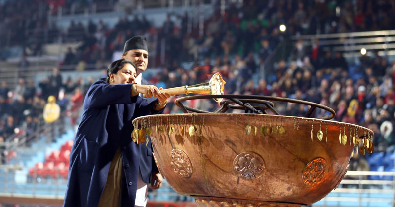 President Bidya Devi Bhandari torches the lamp to officially inaugurate the Visit Nepal Year 2020 campaign admist an event organised at Dashrath Stadium, in Kathmandu, on Wednesday, January 1, 2020. Photo: RSS
