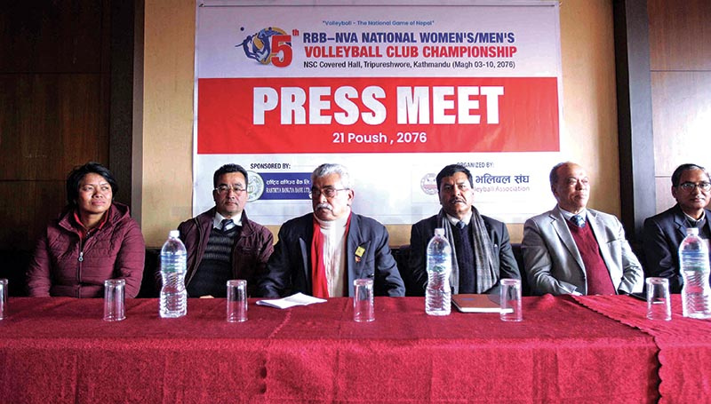 Officials of Nepal Volleyball Association and Rashtriya Banijya Bank attend a press meet regarding the RBB-NVA National Club Championship in Kathmandu on Monday. Photo: THT
