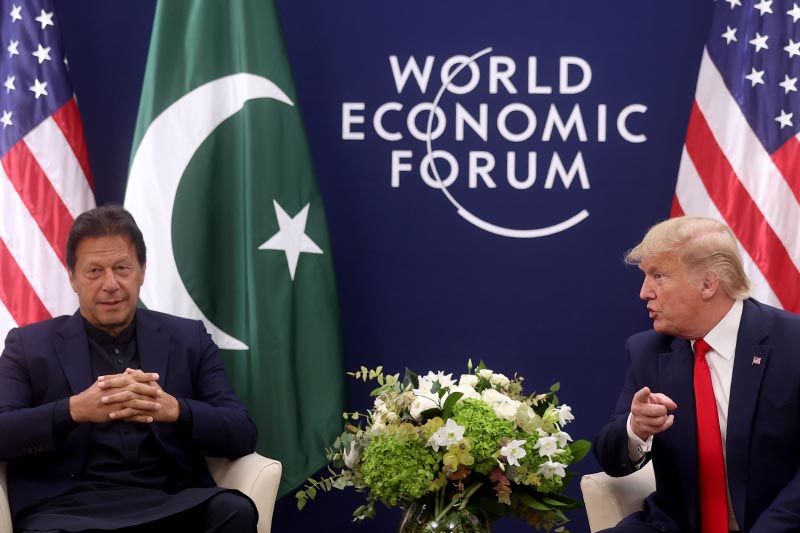 US President Donald Trump gestures during a bilateral meeting with Pakistan's Prime Minister Imran Khan at the 50th World Economic Forum (WEF) annual meeting in Davos, Switzerland, on Tuesday, January 21, 2020. Photo: Reuters