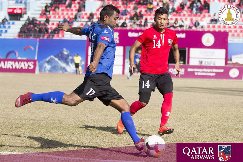Players in action during Qatar Airways Martyr's Memorial 'A' Division League at Dasrath Stadium in Kathmandu, on Monday, January 13, 2020. Courtesy: ANFA/Facebook