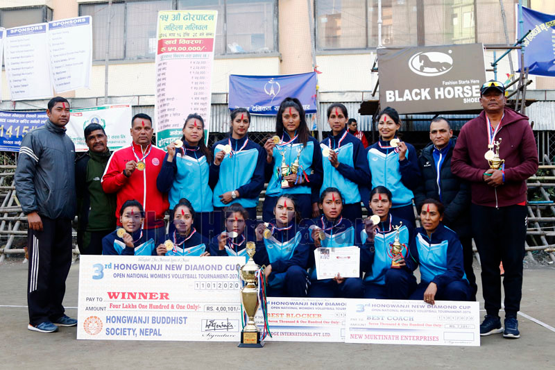 Nepal APF Club team members celebrate after winning the third Hongwanji New Diamond Open National Womenu2019s Volleyball Tournament in Kathmandu on Sunday. Photo: THT