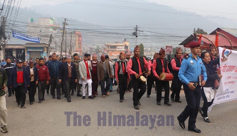 Bagmati Province Chief Minister Dormani Poudel attending Democracy Day rally in Hetauda, on Wednesday, February 19, 2020. Photo: THT