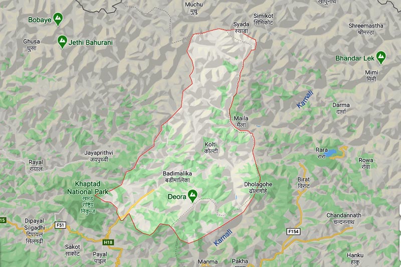 This image shows the maps of Bajura district. Image: Google Maps