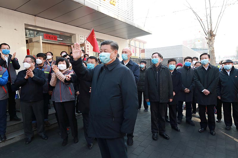 FILE- Chinese President Xi Jinping inspects the novel coronavirus prevention and control work at Anhuali Community in Beijing, China, February 10, 2020. Photo: Xinhua via Reuters